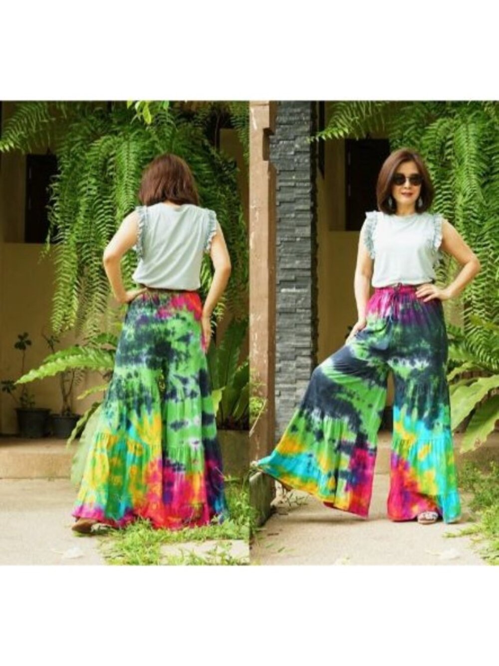 Boho Tie Dye Wide Leg Pants OS Ruffle Tiered Cotton Flare Stretch Drawstring